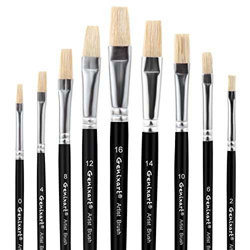 Acryl-Öl-Aquarellpinsel-Set, 9-teilig, Flache Pinsel für Kunstmalerei, 100% natürliche weiße Schweineborsten, Künstlerpinsel für Kinder, Studenten, Erwachsene (schwarzer Griff) von Genixart