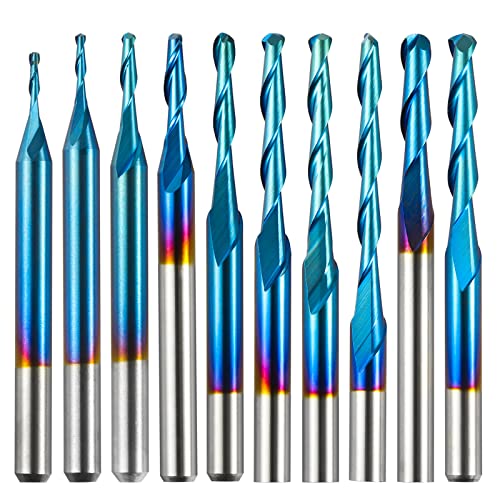 Genmitsu 10 Stück 2-flöte Nano Blue Coat Kugelnase Spiralfräser, 1/8 Zoll Schaft, 0,8 mm - 2,5 mm Schnittdurchmesser, CNC-Frässtifte für Holzbearbeitung, Acryl, MDF, PVC, ABS, BN10A von Genmitsu