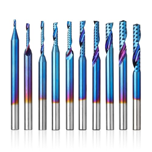 Genmitsu 1/8 Zoll Schaft 10pcs Carbide Spiral O Flute (Single Flute) End Mill CNC Router Bits, 91,5 Höhere HRA Nano Blue Coat, perfekt für Metall Carving Aluminium Kupfer, OS10B von Genmitsu