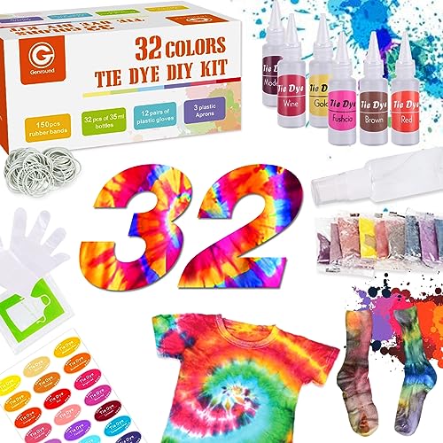 Genround Batikfarben Set, 32 Farbe DIY Stoff Textil Farben sicher und ungiftig Dye Batik Färbeset mit Handschuhen, Gummiband und Schürze für Kinder und Erwachsene DIY von Genround