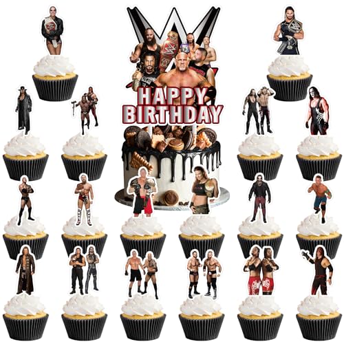 Das 37-teilige Wrestling-Kuchendekorationsset beinhaltet 1 großen Kuchenaufsatz, 36 Cupcake-Topper für Wrestling-Themen-Geburtstagsparty-Dekoration (WWE) von Genshii