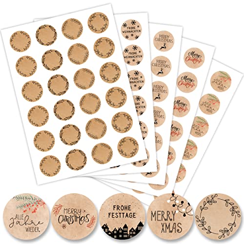 5er Set Aufkleber für Weihnachten (120 Sticker) - Weihnachtsaufkleber für Geschenke - Weihnachtssticker Rund - Fröhliche Weihnachts Etiketten zum beschriften - Selbstklebend - Kraftpapier-Optik von Gentle North