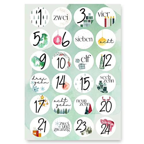 Adventskalender Aufkleber (Zahlen 1-24) - Sticker für Kalender zum selber basteln für Weihnachten - Adventskalenderzahlen Etiketten selbstklebend - Zahlenaufkleber - Nummern für Papiertüten - Rund von Gentle North