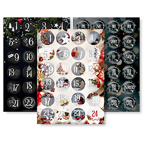 Adventskalender Aufkleber Set (Zahlen 1-24) - 3 x 24 Sticker für Kalender zum selber basteln für Weihnachten - Adventskalenderzahlen Etiketten selbstklebend - Zahlenaufkleber - Nummern Papiertüten von Gentle North