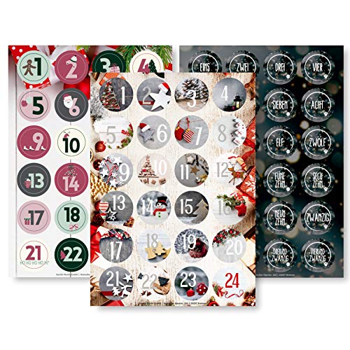 Adventskalender Aufkleber Set (Zahlen 1-24) - 3 x 24 Sticker für Kalender zum selber basteln für Weihnachten - Adventskalenderzahlen Etiketten selbstklebend - Zahlenaufkleber - Nummern Papiertüten von Gentle North