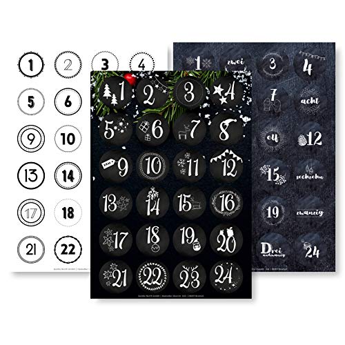 Adventskalender Aufkleber Set (Zahlen 1-24) - 3 x 24 Sticker für Kalender zum selber basteln für Weihnachten - Adventskalenderzahlen Etiketten selbstklebend - Zahlenaufkleber - Nummern Papiertüten von Gentle North
