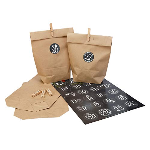 Adventskalender zum Befüllen (Große Papiertüten mit Zahlen Aufkleber 1-24 und Klammern) - DIY Kalender selbst basteln mit Nummern Sticker - Set für Kinder, Frauen & Männer zu Weihnachten von Gentle North