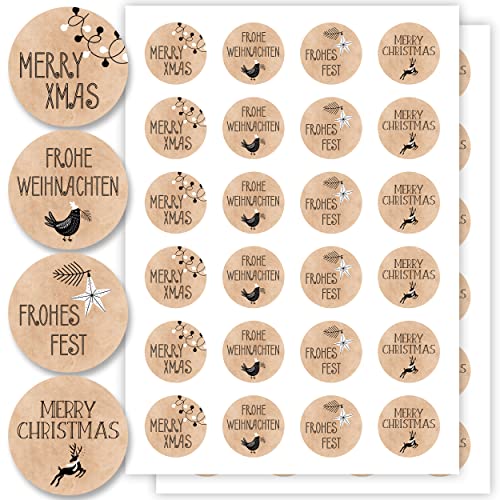 Aufkleber für Weihnachten (48 Sticker) - Weihnachtsaufkleber zum Beschriften für Geschenke - Weihnachtssticker Rund - Weihnachts Etiketten für Beschriftung - Selbstklebend - Kraftpapier-Optik Floral von Gentle North