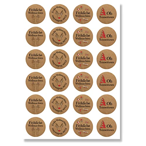 Aufkleber Weihnachten (48 Sticker) - Weihnachtsaufkleber für Geschenke - Weihnachtssticker Rund - Fröhliche Weihnachts Etiketten zum beschriften - Selbstklebend - Kraftpapier-Optik Schrift von Gentle North
