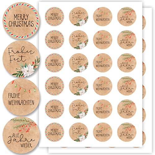 Aufkleber für Weihnachten (48 Sticker) - Weihnachtsaufkleber zum Beschriften für Geschenke - Weihnachtssticker Rund - Weihnachts Etiketten für Beschriftung - Selbstklebend - Kraftpapier-Optik Floral von Gentle North