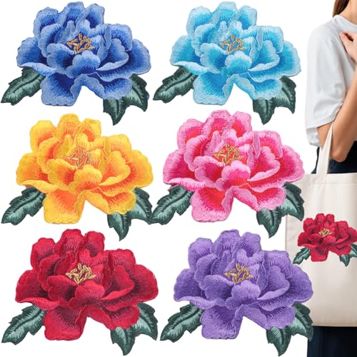 6 Stück bestickte Aufnäher mit Blumenmotiv, große Rose, zum Aufbügeln, schöne bestickte Applikation zum Aufnähen für Hüte, Kleidung, T-Shirts, Rucksäcke, Jeans, Jacken von GeoGeoDIY