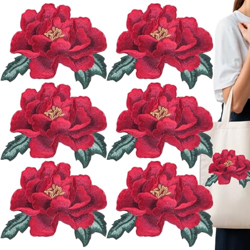 6 Stück rote Blume bestickte Aufnäher zum Aufbügeln, große Rose, schöne bestickte Applikation zum Aufnähen für Hüte, Kleidung, T-Shirts, Rucksäcke, Jeans, Jacken von GeoGeoDIY