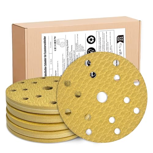 GEOGIEEW 50 Stück Schleifpapier 150mm Klett (Körnung 40/80/120/180/320) | Hochwertiges Schleifscheiben 15 Loch mit Aluminiumoxid & Latex-Papierbasis | Kompatibel mit Exzenterschleifer von Geogieew