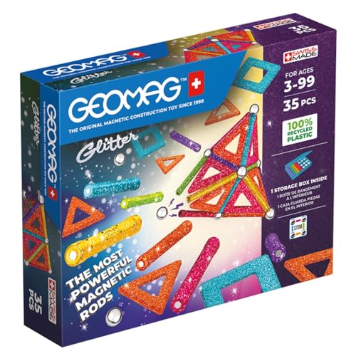 GEOMAG - GLITTER RECYCLED - 35 Stück -Glitzer-Magnetstreifen - Magnetisches Konstruktionsspiel für Kinder ab 3 Jahren - Mehrfarbig - Swiss Made - 3D-Konstruktion - Magnetische Bausteine von Geomag