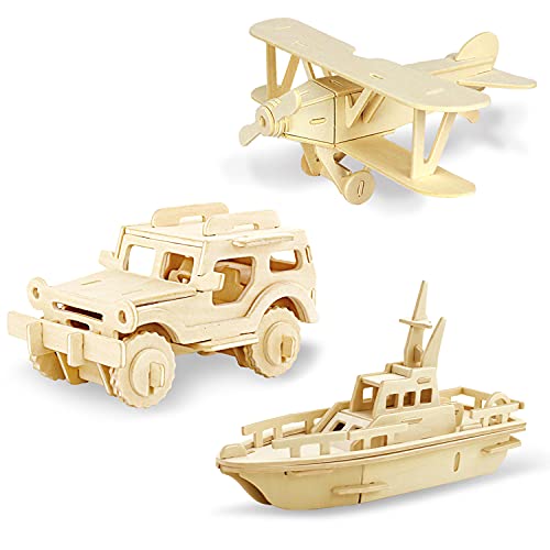 Georgie Porgy Hölzerne 3D Puzzle Sammlung Puzzle Modell Kit Baukasten Holzhandwerk Kinder Holzbausatz Pädagogisches Spielzeug DIY Geschenk Packung 3 (Doppeldecker Geländewagen Yacht) von Georgie Porgy