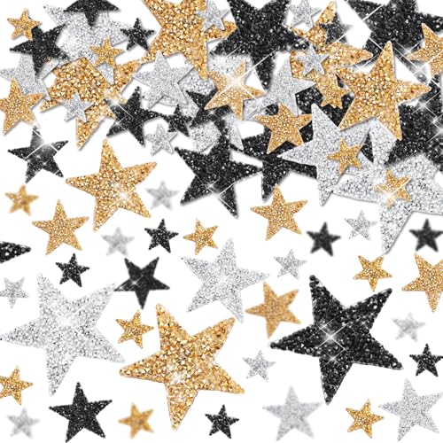 Geosar 120 Stück 4 Größen Stern-Aufnäher mit Glitzerstern, Strass-Applikationen zum Aufbügeln, Strass, Glitzer-Applikationen für Bastelarbeiten, Kleidung, Hosen, Hochzeitsdekoration (Schwarz, Silber von Geosar