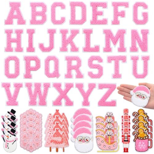 Geosar 54 Stück Weihnachts-Aufnäher zum Aufbügeln, selbstklebend, Chenille, Buchstaben, Aufnähen, Applikation für DIY-Rucksack, Kleidung, Zubehör (Rosa, eleganter Stil) von Geosar