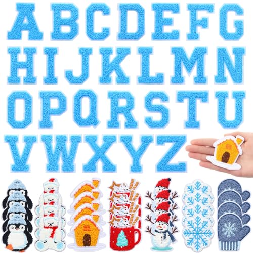 Geosar 54 Stück Weihnachts-Aufnäher zum Aufbügeln, selbstklebend, Chenille, Buchstabenaufnäher, Aufnähen, Applikation für DIY-Rucksack, Kleidung, Zubehör (Blau, Vintage-Stil) von Geosar