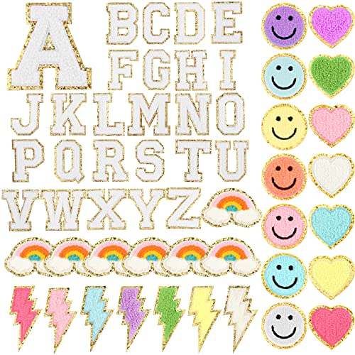 Geosar Selbstklebende Chenille-Buchstaben-Aufnäher, Glitzer, Regenbogenfarben, adrett, niedlich, zum Aufnähen, für Kleidung, Rucksack, Tasche (8,9 cm, weißer Buchstabe), 54 Stück von Geosar