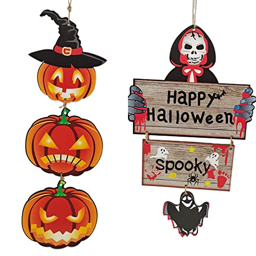 Geoyien Halloween Dekoration, Halloween deko, Deko Halloween Outdoor, Halloween-Holzschild zum Aufhängen, Halloween-Zeichen, Kürbis, Skelett, Wand, tür Dekoration, für Halloween, Spukhaus (2 Stück) Geoyien Halloween Dekoration, Halloween deko, Deko Halloween Outdoor, Halloween-Holzschild zum Aufhängen, Halloween-Zeichen, Kürbis, Skelett, Wand, tür Dekoration, für Halloween, Spukhaus (2 Stück) von Geoyien