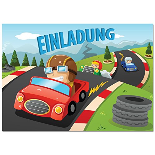 Gepard Solutions 12 Einladungskarten mit Motiv Rennwagen/Autorennen. Einladungen zum Geburtstag/Kindergeburtstag im Set für Jungen mit Rennautos/Auto von Gepard Solutions