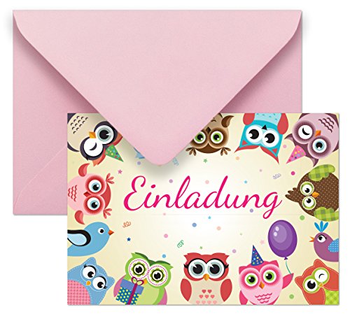 12 Einladungskarten mit Umschlägen mit Eulen und Uhus / Einladungen zum Kindergeburtstag für Jungen und Mädchen im Set für die Geburtstags-Party von Gepard Solutions