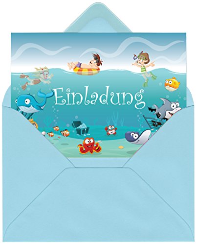 Einladungskarten im Set zum Kindergeburtstag mit Motiv Ozean, Unterwasserwelt, Schwimmbad, Freibad, Poolparty. Einladungen für Jungen und Mädchen (12 Einladungen mit Umschlägen) von Gepard Solutions