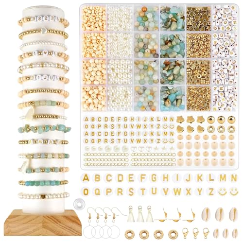 Gerbala Natürliche Amazonit Perlen Edelstein Perlen Kit, DIY Armband Set, Edelstein Perlen Perlen Set, für DIY Armbänder Selber Machen Schmuck Halskette Ohrringe Kette für Kinder Erwachsene (A) von Gerbala