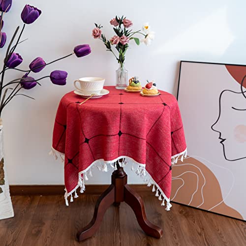 Gernaice Rustikale bestickte kleine Tischdecke, Gittermuster, quadratische Quaste, Tischdecke, staubdicht, für Küche, Esszimmer, Picknick, Party, Heimdekoration (quadratisch, 61 x 61 cm, Rot) von Gernaice