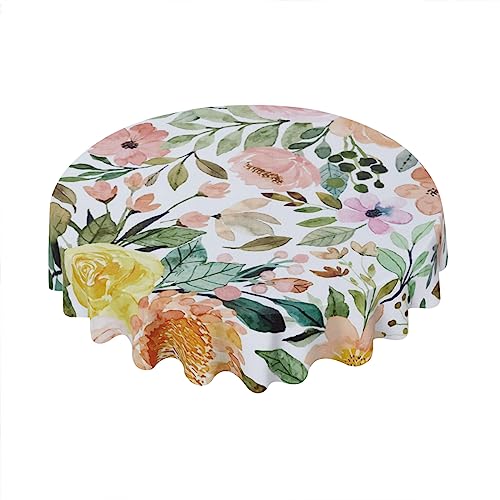 Gelbe Tischdecke mit Blumenmuster, rund, 152,4 cm, Frühlingsgelbe Blumen, grüne Blätter, dekorative Tischdecke mit knitterfreier Tischdecke für Zuhause, Küche, Esstisch, Outdoor, Party, Picknick von Geroclonup