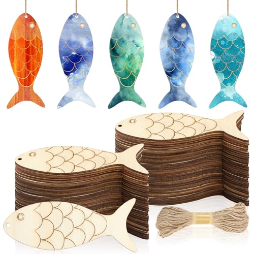Gerrii 150 Stück 72 Stück Holzausschnitte Unlackierte Holzausschnitte mit Löchern Blank Holz Hängende Ornamente Scheiben mit Schnur für DIY Handwerk Party Dekoration (Fisch) von Gerrii