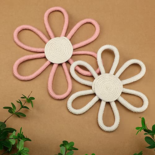 Gerrii Boho Gänseblümchen gewebte Makramee Wandbehang Dekor für Mädchen Kinderzimmer (Rosa, Weiß, 2 Stück) von Gerrii