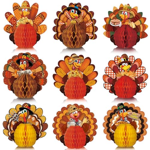 9 Stück Herbst-Thanksgiving-Dekorationen, Truthahn-Mittelstücke für Tische, Herbst, Erntedankfest, Party-Dekorationen – doppelseitig, 3D-Waben-Esstischplatte – für Herbsternte-Mottoparty (Türkei) von Gersoniel