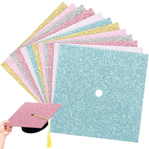 Gersoniel 12 Blatt Glitzer-Baupapier für Abschluss-Kappen-Dekoration, 25,4 x 25,4 cm, bunter Karton, für Abschlussfeier, Hutaufsatz, Basteln, DIY (helle Farbe) von Gersoniel