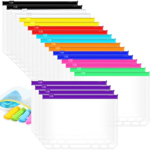 Gersoniel 40 Stück 6-Ringbuch-Reißverschlusstasche, 6-Loch-Bindertaschen mit Reißverschluss, Großpackung, Kunststoff-Bindertasche, lose Blätter, wasserdichte PVC-Dokumententasche (bunt, B6) von Gersoniel