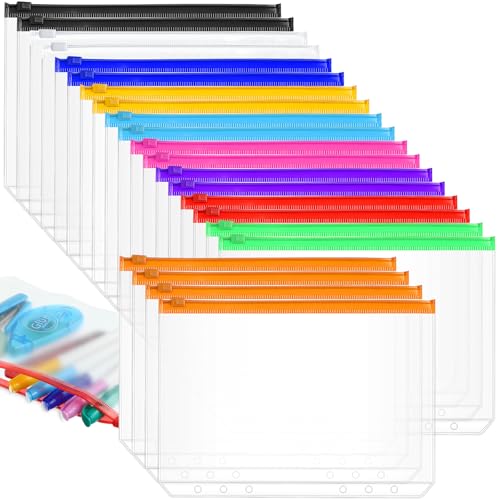 Gersoniel 40 Stück 6-Ringbuch-Reißverschlusstaschen, 6-Loch-Bindertaschen mit Reißverschluss, Großpackung, Kunststoff-Bindertasche, lose Blätter, wasserdichte PVC-Dokumententasche (bunt, A5) von Gersoniel