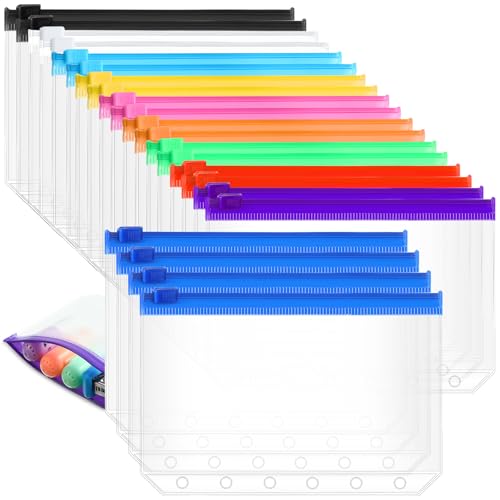 Gersoniel 40 Stück 6-Ringbuch-Reißverschlusstaschen, 6-Loch-Bindertaschen mit Reißverschluss, Großpackung, Kunststoff-Bindertasche, lose Blätter, wasserdichte PVC-Dokumententasche (bunt, A7) von Gersoniel