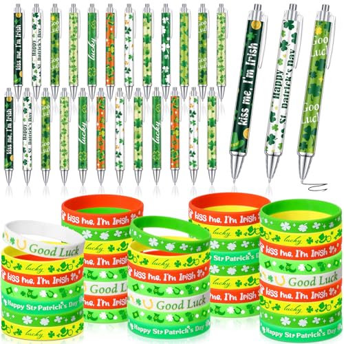 Gersoniel 72-teiliges St. Patrick's Day Partyzubehör, Großpackung St. Patrick's Day Armbänder, Kugelschreiber, Geschenk-Set, grüne Kleeblatt-Armbänder, Glücksklee Stifte für irische Party, Bürobedarf von Gersoniel