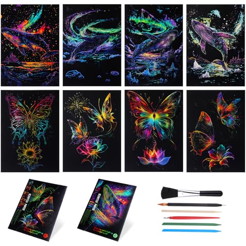 Gersoniel 8 Blatt Papier Scratch Nachtleuchtendes Regenbogen-Kunst-Malpapier mit 4 Werkzeugen Gravur Landschaft Kratzbrett für Teenager Erwachsene Kunst Geschenk Skizze Karte DIY Kreatives Handwerk von Gersoniel