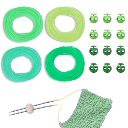 GeryVtee Kordelverschluss-Set, 36 Stück, Silikon-Strickstichhalter, 6 Rollen, runde Strickschnüre, Maschenmarkierer für Stricknadeln, Stopper, Schnur für Strickprojekte, Stricken (grüner Stil) von GeryVtee