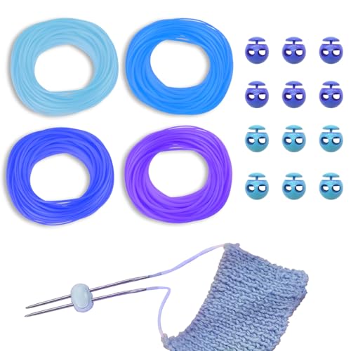 GeryVtee Kordelverschluss-Set, 36 Stück, Silikon-Strickstichhalter, 6 Rollen, runde Strickschnüre, Maschenmarkierer zum Stricken, Kordeln, Stricken für Strickprojekte, Stricken (blauer Stil) von GeryVtee