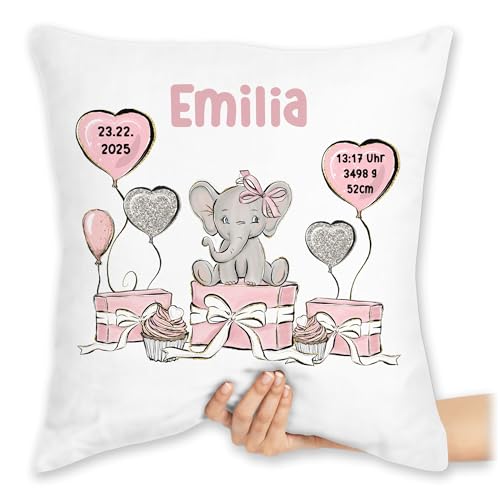 Kissen 40x40 Zierkissen - Baby Geschenk zur Geburt Mädchen Elefant personalisiert Name Geburtsdaten I Taufe - 40 x 40 cm - Weiß - personalisierte geburtskissen babygeschenke Geburtsgeschenk von Geschenk mit Namen personalisiert by Shirtracer