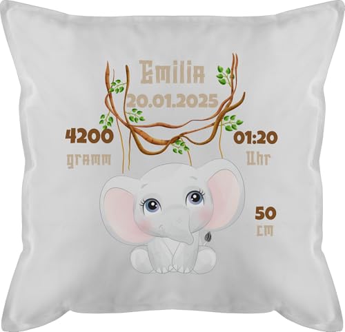 Kissen 50x50 - Geburtsgeschenk Elefant Datum Gewicht Uhrzeit Größe I Geschenk zur Geburt - 50 x 50 cm - Weiß - personalisiertes geburtskissen personalisierte Baby Elefanten männerkissen Junge von Geschenk mit Namen personalisiert by Shirtracer