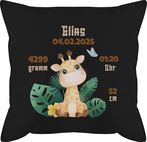 Kissen 50x50 - Geburtsgeschenk Giraffe personalisiert Datum Gewicht Uhrzeit Größe I Geschenk zur Geburt - 50 x 50 cm - Schwarz - personalisiertes geburtskissen personalisierte Baby Giraffen von Geschenk mit Namen personalisiert by Shirtracer