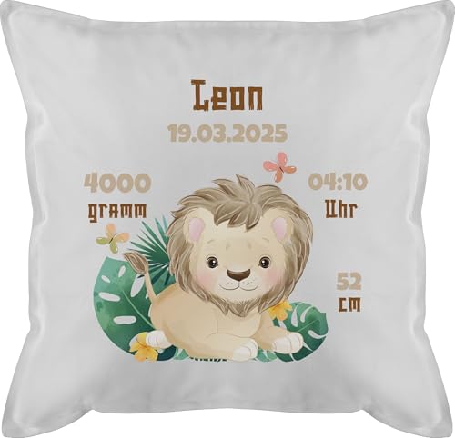 Kissen 50x50 - Zur Geburt - Geburtsgeschenk Löwe Datum Gewicht Uhrzeit Größe - 50 x 50 cm - Weiß - Junge geburtskissen personalisierte Baby und Zeit männerkissen für Neugeborene neugeboren von Geschenk mit Namen personalisiert by Shirtracer