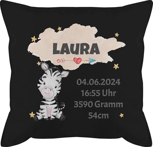 Kissen 50x50 - Zur Geburt - Zebra Geburtsdaten - Mädchen Datum Gewicht Uhrzeit Größe - 50 x 50 cm - Schwarz - baby geburtskissen geburtsgeschenk kopfkissen für neugeborene neugeboren füllung von Geschenk mit Namen personalisiert by Shirtracer