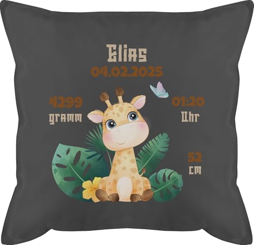 Kissen 50x50 - Zur Geburt - Geburtsgeschenk Giraffe Datum Gewicht Uhrzeit Größe - 50 x 50 cm - Grau - personalisierte Geschenke Baby fuellung Kissen+Geburt personalisierter neugeborenes von Geschenk mit Namen personalisiert by Shirtracer