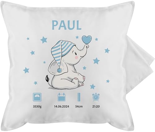 Kissenbezug - Elefant Geburtsdaten mit Name Geschenk zur Geburt Geschenkidee I Geldgeschenk zur Geburt - 50 x 50 cm - Weiß - personalisierte Kissen Baby mädchen Geschenke Neugeborene Junge von Geschenk mit Namen personalisiert by Shirtracer