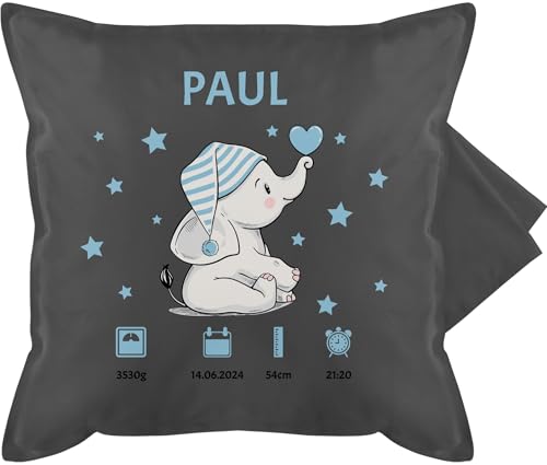 Kissenbezug - Elefant Geburtsdaten Geschenk zur Geburt - 50 x 50 cm - Grau - personalisierte Baby Kissen Geschenke Neugeborene personalisiertes Geburtsgeschenk kissenhüllen neugeborenen von Geschenk mit Namen personalisiert by Shirtracer