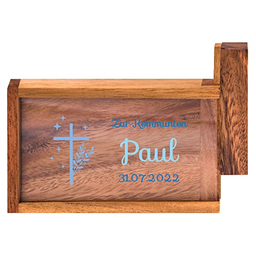 Geschenke 24 Magische Geldgeschenkebox zur Kommunion mit Wunschname | personalisiert mit Wunschdatum | nachhaltig | Dekogeschenk | Geldgeschenk (Blau, Kommunion-Kreuz) von Geschenke 24